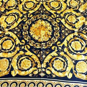 Vintage Atelier Versace Silk Twill Foulard Barocco Pattern 35” in black & gold.